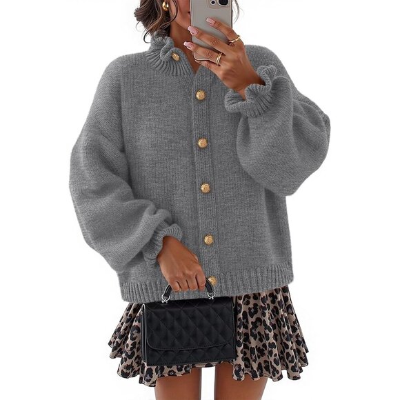 Chic Women's Fall 2025 Chunky Cardigan with Ruffled Neck and Button Closure
